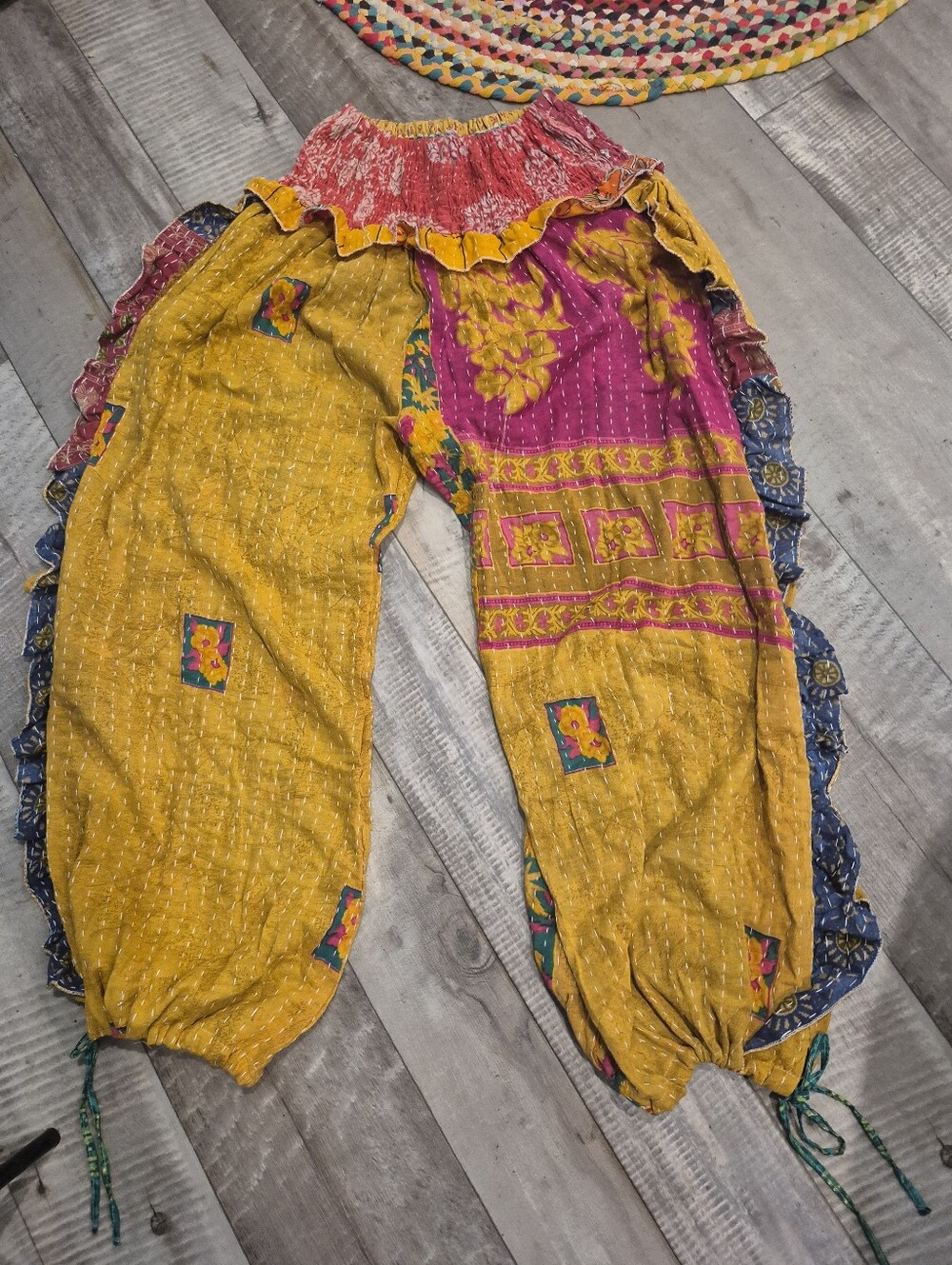 Custom High Quality Kantha Bohemian Patchwork Ruffle High-Waist Jogger Pant L-XL - Picture 6 of 6